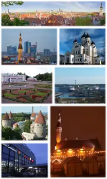 Farbige Collage aus acht Fotos mit verschiedenen Sehenswürdigkeiten einer Stadt. Es sind ein Panorama, moderne Bürokomplexe, eine orthodoxe Kirche, ein Hafen, eine Festung, ein englischer Garten und eine Kirche in Nachtbeleuchtung zu sehen.