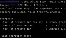 Screenshot der Hilfeanzeige von GNU tar