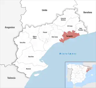 Die Lage der Comarca Tarragonès in der Provinz Tarragona