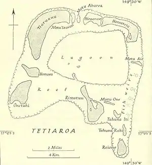 Historische Karte von TetiaroaTahuna Iti und die Sandbank Motu One sind vertauscht.