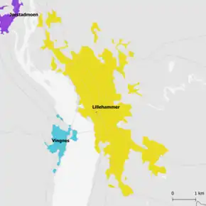 Karte der Tettsteder Lillehammer, Jørstadmoen und Vingnes