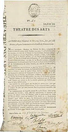 Aktie über 10.000 Livres des Théatre des Arts, einer Vorgängergesellschaft der Académie royale (heute die Pariser Oper), ausgegeben am cinq fructidor an troisieme (22. August 1795). Das Kapital der Gesellschaft in Höhe von 500.000 Livres war eingeteilt in 50 Aktien.