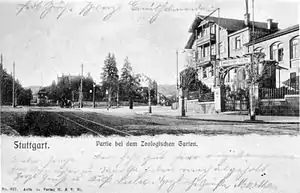 Restaurant Hirschgarten und Eingang zum Tiergarten am Herdweg, vorne die „Tiergartenlinie“ der Straßenbahn, 1903