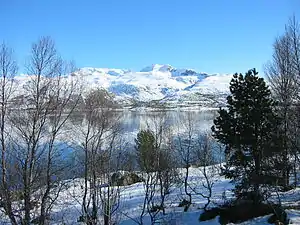 Südlicher Teil des Tjeldsunds; Blick nach Osten zur bergigen Insel Tjeldøya