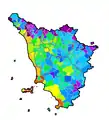 Toskana: Summe Tmed−20 °C (<1000 bis ≥3000 Gradtage)