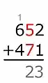 5+7=12Die 1 wird als Übertrag der nächsten (links benachbarten) Ziffernspalte zugeschlagen.