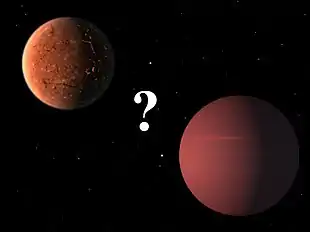 Künstlerische Darstellung des möglichen Aussehens von Gliese 876 d als großer Gesteinsplanet (links oben) oder kleiner Gasplanet (rechts unten)