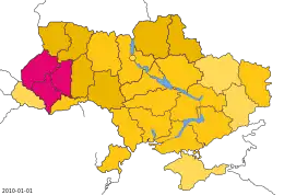 Die graphische Landkarte zeigt drei Regionen auf der linken Seite des Landes katholisch, der Rest ist in Gelbtönen markiert, je nachdem wie groß die orthodoxen Gemeinden sind.