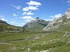 Val Bernina mit Piz Albris Richtung Norden. Links die Station der Diavolezzabahn, rechts zum Piz Lagalb.