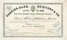 Aktie der Vereins-Bank, Quistorp & Co. über 200 Taler, ausgegeben am 11. April 1872 in Charlottenburg, eingetragen auf das im Gründungsgeschäft sehr aktive Berliner Privatbankhaus Marx & Goldstein, im Original unterschrieben von Heinrich Quistorp