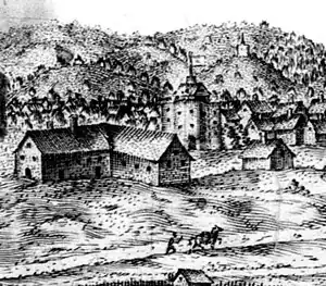 Curtain Theatre circa 1600 (cylindrical building in the background). Some authorities believe this to be a depiction of The Theatre, the other Elizabethan theatre in Shoreditch. Further to the East in this illustration is a building with a flag on it which is now thought to be the Curtain.