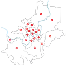 Grafische Karte der 21 Stadtbezirke von Vilnius mit ihrer Nummerierung.