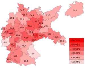 Ergebnisse des Volksentscheids (Zustimmung in Prozent der Wahlberechtigten):﻿>60–70 %﻿>50–60 %﻿>40–50 %﻿>30–40 %﻿>20–30 %﻿>10–20 %