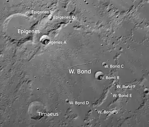 W. Bond mit Nebenkratern (Norden oben; LROC-WAC)