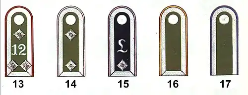 Schulterklappen Unteroffiziere:13 Stabswachtmeister (12. Artillerie)14 Oberfeldwebel (Infanterie)15 Feldwebel (Panzer-Lehr)16 Unterwachtmeister (Kavallerie/Aufklärung)17 Sanitätsunteroffizier