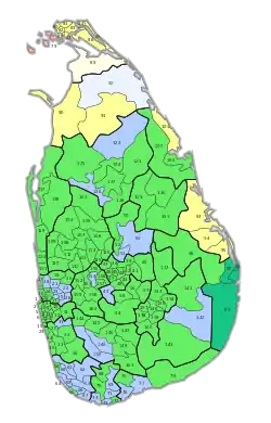 Mehrheiten (stimmenstärkste Parteien) in den 160 Stimmbezirken:﻿United National Front (UNF)﻿People’s Alliance (PA)﻿PA, Wahlbeteiligung unter 2 %﻿Tamil National Alliance (TNA)﻿TNA, Wahlbeteiligung unter 2 %﻿Sri Lanka Muslim Congress (SLMC)﻿Eelam People’s Democratic Party (EPDP)