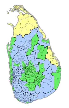 Mehrheiten in den 160 Stimmbezirken:﻿United National Party (UNP)﻿United People’s Freedom Alliance (UPFA)﻿Tamil National Alliance (TNA)