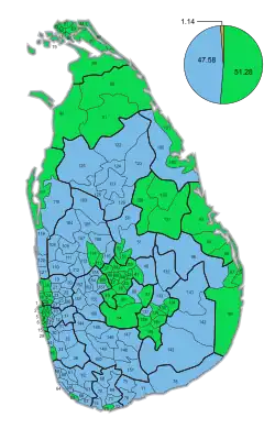 Mehrheiten nach Stimmbezirken:﻿Mehrheit für Maithripala Sirisena﻿Mehrheit für Mahinda Rajapaksa