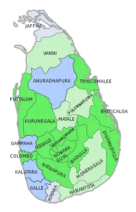 Mehrheiten in den 22 Wahlkreisen:﻿Premadasa (UNP), Beteiligung > 35 %﻿Premadasa (UNP), Beteiligung < 35 %﻿Bandaranaike (DPA), Beteiligung > 35 %﻿Bandaranaike (DPA), Beteiligung < 35 %