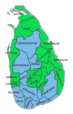 Mehrheiten nach den 22 Wahlkreisen (weitgehend identisch mit den Distrikten von Sri Lanka):﻿Mehrheit für Maithripala Sirisena﻿Mehrheit für Mahinda Rajapaksa