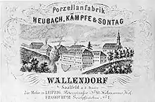 Ortsansicht Wallendorf mit Porzellanmanufaktur (Heubach Kämpfe & Sontag), Kirche und Herrenhaus des Rittergutes (um 1850)