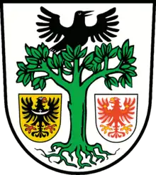 Wappen der Stadt Fürstenwalde/Spree mit märkischem Adler, jeweils in Schildchen – seit 1998