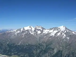 Weissmiesgruppe von Westen, von links Fletschhorn, Lagginhorn und Weissmies