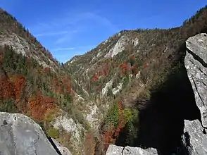 Blick von der Herdplatte in die herbstliche Weizklamm (Blickrichtung Norden)