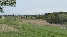 Wilen (Gottshaus), rechts der Horber Weier, einer der fünf im Jahr 1430 angelegten Fischweiher, und im Hintergrund die Kirche St. Pelagiberg