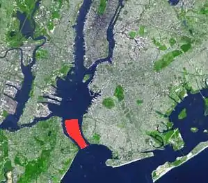 Die Narrows (rot markiert) auf einem Satellitenbild von New York