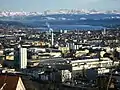 Käferberg, Blick über Stadtzentrum, Zürichsee und Glarner Alpen