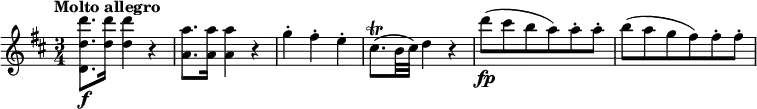 
\relative c''' {
  \override Score.NonMusicalPaperColumn #'line-break-permission = ##f
  \tempo "Molto allegro"
  \key d \major
  \time 3/4
  \tempo 4 = 130
  <d d, d,>8.\f <d d,>16 q4 r |
  <a a,>8. q16 q4 r |
  g4-. fis-. e-. |
  cis8.\trill( b32 cis) d4 r |
  d'8\fp( cis b a) a-. a-. |
  b8( a g fis) fis-. fis-. |
}
