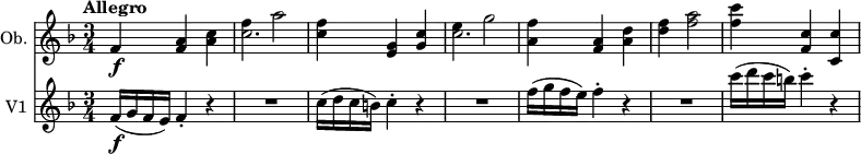 
<< 
  \new Staff \with { instrumentName = #"Ob. "}  
  \relative c'' {
    \version "2.18.2"
    \key f \major
    \tempo "Allegro"
    \time 3/4
     f,4 \f <f a> <a c>
     << \relative  {f'' a2} \relative {c''2.} >> 
     <c f>4 <e, g> <g c> 
     << \relative  {e'' g2} \relative {c''2.} >>
     <a f'>4 <f a> <a d>
     <d f> <f a>2
     <f c'>4 <f, c'> <c c'>
  }
  \new Staff \with { instrumentName = #"V1 "}
  \relative c' {
  \version "2.18.2"
  \tempo "Allegro"
  \key f \major
  \time 3/4
  f16\f (g f e) f4-. r |
  R1*3/4 |
  c'16( d c b) c4-. r |
  R1*3/4 |
  f16( g f e) f4-. r |
  R1*3/4 |
  c'16( d c b) c4-. r |
}
>>
