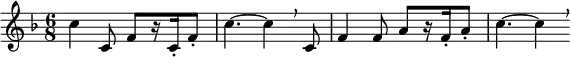  \relative c'' { \clef treble \key f \major \time 6/8 c4 c,8 f[ r16 c-. f8-.] | c'4.~ c4 \breathe c,8 | f4 f8 a[ r16 f-. a8-.] | c4.~c4 \breathe } 