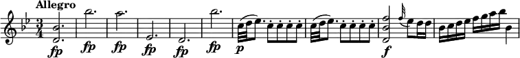 
\relative c' { 
     \version "2.18.2"
     \clef "treble" 
     \tempo "Allegro" 
     \key bes  \major
     \time 3/4
    <d bes'>2. \fp  bes''  \fp  a \fp ees, \fp  d  \fp bes'' \fp
    c,32\p (d ees8.) c8-. c8-. c8-. c8-. c32 (d ees8.) c8-. c8-. c8-. c8-. 
    <d, bes' f'>2\f \grace f'32  (ees8) d16 d
    bes c d ees f g a bes bes,4
}
