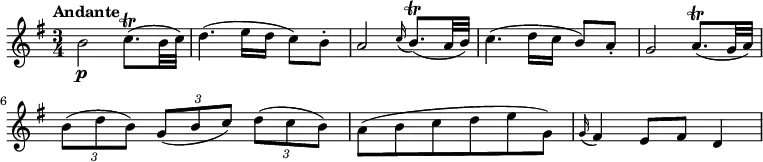 
\relative c'' {
  \version "2.18.2"
    \key g \major
    \time 3/4
    \tempo "Andante" 
    b2\p c8.\trill (b32 c)
    d4. (e16 d c8) b-.
    a2  \grace c16 (b8.)\trill (a32 b)
    c4. (d16 c b8) a-.
    g2 a8.\trill (g32 a)
    \tuplet 3/2 {b8 (d b)}  \tuplet 3/2 {g8 (b c)}  \tuplet 3/2 {d8 (c b)}
    a8 (b c d e g,)
    \grace g16 (fis4) e8 fis d4
  }
