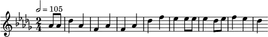 
\relative c'' { 
  \set Staff.midiInstrument = #"piano"
  \tempo 2 = 105
  \key des \major
  \time 2/4
  \partial 4 as8 as des4 as f as f as des f es es8 es es4 des8 es f4 es des
}
