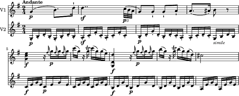 
<<
\new Staff \with { instrumentName = #"V1 "}  \relative c'' {
    \version "2.18.2"
    \key g \major
    \tempo "Andante"
    \time 2/4
    \tempo 4 = 50	
    g4\p (b8.) d16-!
    d4..\sf \tuplet 3/2 {c32\p (b a} g8) g-! g-! a-!
    a8. (ais16) b8 r8
    <g c e>4\f r16  \grace fis'32 (g16)\p  \grace fis32 (g16)  \grace fis32 (g16)
    c (g) r16 g\trill c (g) g (e)
    <g,, d' d'>4\f r16  \grace fis''32 (g16)\p  \grace fis32 (g16)  \grace fis32 (g16)
     b (g) r16 g\trill b (g) g (d)
     cis2
}
\new Staff \with { instrumentName = #"V2 "} \relative c'' {
    \key g \major
    \time 2/4
     g,16-.\p b-. d-. b-. g-. b-. d-. b-.
     a-.\sf c-. fis-. c-. a-. c-. fis-. c-.
      b-.\p d-. g-. d-.  b-. d-. c-. a-.
       a-. c-. d-. c-. g_\markup{\italic \small simile} b d b
       c\f e g e c\p e g e
       c e g e c e g e
       b\f d g d b\p d g d
       b d g d b d g d
       a e' g e a, e' g e
}
>>
