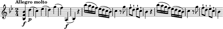 
 \relative c'' { 
    \version "2.18.2"
     \clef "treble" 
     \tempo "Allegro molto" 
     \key bes \major
     \time 2/4
       <bes, f' bes>4\f d'\p
       (c) ees
       (d) g
       (f) a,,\f
       (bes) r4
        bes''16 (a g f) ees (d c bes)
        c4 r8 g'8
        f-! d-! ees-! c-!
        bes 4 r4
        bes'16 (a g f) ees (d c bes)
        c4 r8 g'8
        f-! d-! ees-! c-!
        bes4
}
