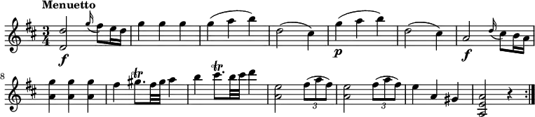 
\relative c' {
  \version "2.18.2"
  \key d \major
  \tempo "Menuetto"
  \tempo 4 = 120
   \time 3/4
 <d d'>2 \f  \grace g'16 (fis8) e16 d 
 g4 g g 
 g (a b)
 d,2 (cis4)
 g'\p (a b)
 d,2 (cis4)
 a2  \f  \grace d16 (cis8) b16 a
 <a g'>4 <a g'> <a g'>
 fis' gis8. \trill fis32 gis a4
 b cis8.\trill b32 cis d4
 <a, e'>2 \tuplet 3/2 {fis'8 (a fis)}
 <a, e'>2 \tuplet 3/2 {fis'8 (a fis)}
 e4 a, gis
 <a, e' a>2 r4\bar ":|."
}
