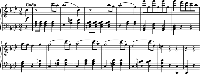 
 \relative c' {
  \new PianoStaff <<
   \new Staff { \key f \minor \time 3/4 \partial 4 \set Score.tempoHideNote = ##t \tempo "" 2. = 64

        c'^\markup {\bold Coda.} c2 c'8[ aes] bes2( c,4) c2 bes'8[ g] aes2( f4) f'8[ f, f' f, f' f,] f'4 ees8[ des c bes] aes g f4 g g2( c8[ g)] aes2( c8[ aes)] g2( c8[ g)] f2( c'8[ f,)] e4 r r r r
      }
   \new Dynamics {
    s\f
      }
   \new Staff { \key f \minor \time 3/4 \clef bass \partial 4
      r4 <f,, aes c>8[ <f aes c>] <f aes c>4 <f aes c> g4 <bes e> <bes e> <e, g bes c>8[ <e g bes c>] <e g bes c>4 <e g bes c> f <aes c> <aes c> <aes, c f> <c f aes> <aes c f> <bes des f> r r <c f aes> r <des f b> c <e g c> <e g c> c <f aes c> <f aes c> c <e g c> <e g c> c <d as' b> <d as' b>  <c g' c> r<c c,> <c c,> r
      }
  >>
 }
