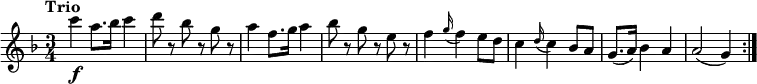 
\relative c'' {
  \version "2.18.2"
  \key f \major
  \tempo "Trio"
  \time 3/4
  \tempo 4 = 150
  c'4\f a8. bes16 c4
  d8 r8 bes r8 g r8
 a4 f8. g16 a4
  bes8 r8 g r8 e r8
  f4  \grace g16 (f4) e8 d
 c4  \grace d16 (c4) bes8 a
  g8. [(a16)] bes4 a
  a2 (g4)
  \bar ":|."
}
