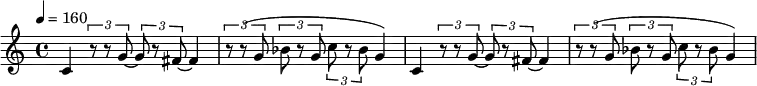 
  \relative c' {
  \key c \major
  \tempo 4 = 160
c4~ \times 2/3 {r8 r8 g'8~} \times 2/3 {g8 r8 fis8~ } fis4 |
\times 2/3 {r8 r8 (g8} \times 2/3 {bes8 r8 g8} \times 2/3 {c8 r8 bes8} g4) |
c,4~ \times 2/3 {r8 r8 g'8~} \times 2/3 {g8 r8 fis8~ } fis4 |
\times 2/3 {r8 r8 (g8} \times 2/3 {bes8 r8 g8} \times 2/3 {c8 r8 bes8} g4) |
}
