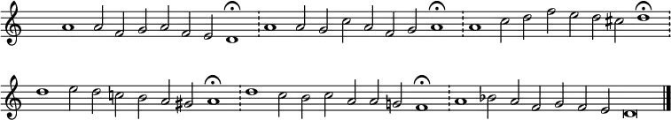 
{ \key c \major
\time 64/2
\set Score.tempoHideNote = ##t
\tempo 2=100
\set Staff.midiInstrument = "english horn"
\override Score.TimeSignature #'transparent = ##t
\override Score.BarNumber  #'transparent = ##t
 a'1 a'2 f' g' a' f' e' d'1\fermata \bar "!" a'1 a'2 g' c'' a' f' g' a'1\fermata \bar "!" a' c''2 d'' f'' e'' d'' cis'' d''1\fermata \bar "!" d''
 e''2 d'' c'' b' a' gis' a'1\fermata \bar "!" d'' c''2 b' c'' a' a' g' f'1\fermata  \bar "!" a' bes'2 a' f' g' f' e' d'\breve\bar "|."}
