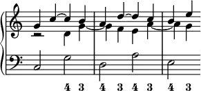 
\version "2.14.2"
\header {
  tagline = ##f
}
upper = \relative c'' {
  \override Score.TimeSignature.stencil=##f
%  \override Score.BarLine.break-visibility = #all-invisible
  \clef treble 
  \key c \major
  \time 2/2
  \tempo 2 = 60

<< {g4 c ~ c b a d ~ d c b e ~  } \\ {r2 d,4 g ~ g f e a ~ a g } >>

}
lower = \relative c {
  \clef bass
  \key c \major
c2 g' d a' e 
}

\score {
  \new PianoStaff <<
    \new Staff = "upper" \upper
    \new Staff = "lower" \lower
    \new FiguredBass { \figuremode { r2 <4>4 <3> <4> <3> <4> <3> <4> <3> } }
  >>
  \layout {
    \context {
      \Score
      \remove "Metronome_mark_engraver"
    }
  }
  \midi { }
}
