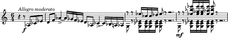 {
  \clef violin \key c \major \time 6/4 \tempo 4 = 70
  \set Score.tempoHideNote = ##t
  \partial 2. r4 ^\markup{\italic{Allegro moderato}} r8\f as ces' es'
  d'8 f' as'4->~ as'16 ges' f' es' d'8 as ces'4->~ ces'16 bes a as
  << { \voiceOne
    r8 r es''16 ces'' ces'' des'' es''8 r r2.
    r8 r8 <es'' bes'' es'''>16 <es'' ges'' es'''> <es'' ges'' es'''> <es'' as'' es'''> <es'' bes'' es'''>8 r
  }
  \new Voice { \voiceTwo
    g8 r <g ces' es'>16 <g ces' es'> <g ces' es'> <g ces' es'> <g ces' es'>8 r r2.
    g8\mf r <g ces' es'>16 <g ces' es'> <g ces' es'> <g ces' es'> <g ces' es'>8 r r2.
  } >> \oneVoice
}