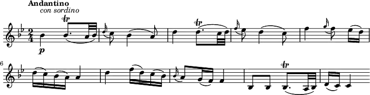 
\relative c' { 
    \version "2.18.2"
    \clef "treble" 
    \tempo "Andantino" 
    \key bes  \major
    \time 2/4
   bes'4 \p^\markup {\italic {con sordino}} bes8. \trill  (a32 bes)
   \grace d16 (c8) bes4 (a8)
   d4 d8. \trill  (c32 d)
   \grace f16 (ees8) d4 (c8)
   f4 \grace g16 (f8) ees16 [(d)]
   d (c) bes (a) a4
   d4 f16 (d) c (bes)
   \grace bes16 (a8) g16 (f) f4
   bes,8 bes  bes8. \trill  (a32 bes)
   d16 (c) c4
}
