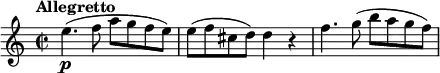 \relative c'' {
\key c \major
\time 2/2
\tempo "Allegretto"
\set Staff.midiInstrument = "vibraphone"
e4.\p (f8 a8 g8 f8 e8) e8 (f8 cis8 d8) d4 r4 f4. g8 (b8 [a8 g8 f8])
}