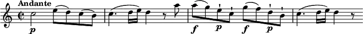 
 \relative c'' {
    \version "2.18.2"
    \key c \major
    \tempo "Andante"
    \time 2/2
    \tempo 4 = 60
  c2\p e8 (d) c (b)
  c4. (d16 e) d4 r8 a'8
  a\f (g) e-!\p c-! g'\f (f) d-!\p b-!
  c4. (d16 e) d4 r8
  }
