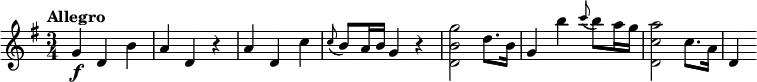 
\relative c'' {
  \version "2.18.2"
  \tempo "Allegro"
  \key g \major
  \time 3/4
  \tempo 4 = 110
  g4\f d b' |
  a4 d, r |
  a'4 d, c' |
  \appoggiatura c8 b a16 b g4 r |
  <g' b, d,>2 d8. b16 |
  g4 b' \appoggiatura c8 b a16 g |
  <a c, d,>2 c,8. a16 |
  d,4
}
